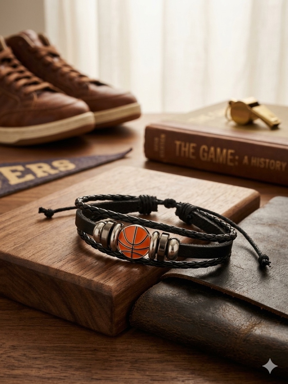 Black Leather Bracelet with Orange Basketball Charm